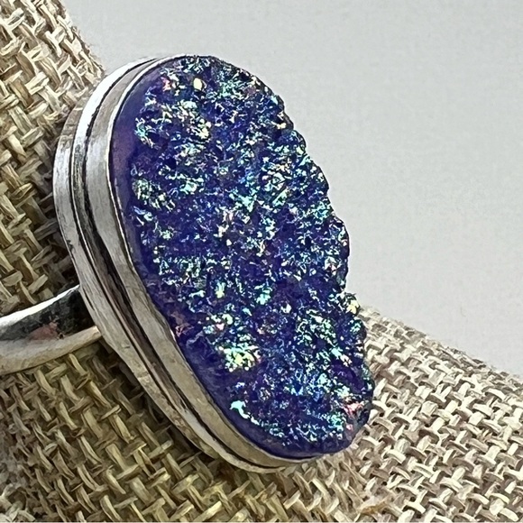 New Blue Titanium Druzy Crystal Stone Silver Overlay Ring Size 10 - Picture 2 of 8